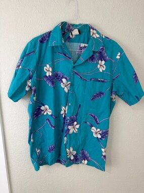Hilo Hattie Vintage Men's Teal Hawaiian Floral Short-Sleeve Shirt Sz XL Cotton